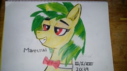 Size: 4128x2322 | Tagged: safe, artist:beatsubi, imported from derpibooru, oc, oc only, oc:maretsubi, pony, unicorn, bowtie, colored, drawing, female, green mane, lidded eyes, mare, red eyes, shine, smiling, solo, traditional art, yellow