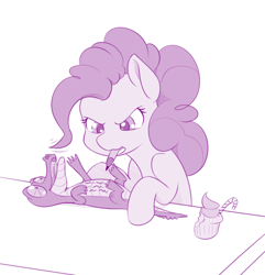 Size: 866x900 | Tagged: safe, artist:dstears, imported from derpibooru, gummy, pinkie pie, ppov, angry, candy, candy cane, cupcake, duo, female, food, monochrome, mouth hold, pencil, simple background, solo, table, writing