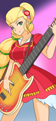 Size: 890x1920 | Tagged: safe, artist:jonfawkes, imported from derpibooru, applejack, equestria girls, legend of everfree, 45 minute art challenge, bass guitar, clothes, crystal gala, dress, female, guitar, musical instrument, smiling, solo