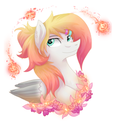 Size: 2550x2700 | Tagged: safe, artist:dangerblaze, imported from derpibooru, oc, oc only, oc:eternal ember, pegasus, pony, flower, smiling, solo