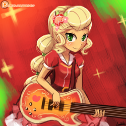 Size: 750x750 | Tagged: safe, artist:lumineko, imported from derpibooru, applejack, equestria girls, legend of everfree, bass guitar, clothes, crystal gala, cute, dress, female, freckles, guitar, jackabetes, musical instrument, patreon, patreon logo, playing, signature, smiling, solo