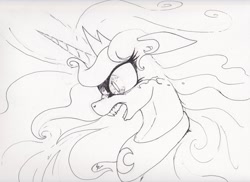 Size: 2338x1701 | Tagged: safe, artist:scribblepwn3, imported from derpibooru, nightmare moon, princess luna, alicorn, pony, angry, crying, female, monochrome, pen drawing, rage, solo, traditional art, wip