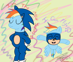 Size: 844x720 | Tagged: safe, artist:iamthemanwithglasses, imported from derpibooru, rainbow dash, clothes, commission, cosplay, costume, crossover, interspecies, male, shipping, sonic the hedgehog, sonic the hedgehog (series), sonicdash, straight