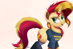 Size: 2225x1500 | Tagged: safe, artist:ncmares, imported from derpibooru, sunset shimmer, pony, unicorn, chest fluff, clothes, colored pupils, female, looking at you, mare, messy mane, open mouth, shirt, signature, simple background, smiling, socks, solo, white background