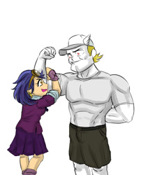 Size: 800x900 | Tagged: safe, artist:kul, imported from derpibooru, bulk biceps, indigo zap, equestria girls, bulkzap, cap, flexing, hat, looking at each other, male, no pupils, pose, shipping, simple background, straight, white background