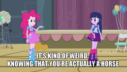 Size: 1280x720 | Tagged: safe, imported from derpibooru, screencap, pinkie pie, twilight sparkle, equestria girls, balloon, boots, bracelet, caption, clothes, high heel boots, jewelry, skirt, twilight sparkle (alicorn)