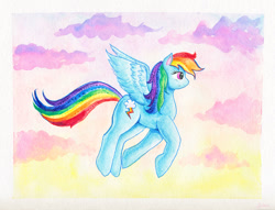 Size: 1200x915 | Tagged: safe, artist:kaikaku, imported from derpibooru, rainbow dash, female, flying, solo, traditional art, watercolor painting