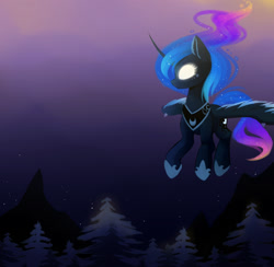 Size: 1600x1559 | Tagged: safe, artist:magnaluna, imported from derpibooru, princess luna, female, flying, glowing eyes, mountain, night, pine tree, solo, stars, tree