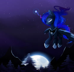 Size: 1600x1559 | Tagged: safe, artist:magnaluna, imported from derpibooru, princess luna, eyes closed, female, flying, magic, moon, moonrise, mountain, night, pine tree, solo, stars, tree