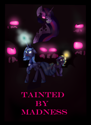 Size: 1200x1650 | Tagged: safe, artist:moonylover12, imported from derpibooru, princess luna, twilight sparkle, alicorn, pony, corrupted, corrupted twilight sparkle, cover, dark, evil twilight, sombra eyes, twilight sparkle (alicorn)