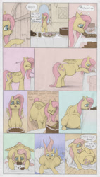 Size: 1500x2646 | Tagged: safe, artist:difetra, imported from derpibooru, fluttershy, pegasus, pony, belly, big belly, brownies, cake, comic, cookie, cupcake, eating, fat, fattershy, female, food, mare, solo, stuffed, stuffing, weight gain