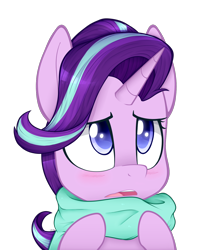 Size: 1080x1350 | Tagged: safe, artist:higgly-chan, imported from derpibooru, starlight glimmer, pony, unicorn, blushing, clothes, cute, female, glimmerbetes, mare, open mouth, scarf, simple background, solo, transparent background, worried