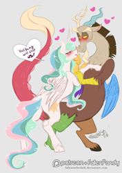 Size: 1204x1700 | Tagged: safe, artist:falleninthedark, artist:stepandy, imported from derpibooru, discord, princess celestia, blushing, dislestia, heart, male, shipping, simple background, straight