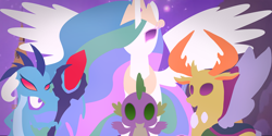 Size: 2000x1003 | Tagged: safe, artist:animanatole, imported from derpibooru, princess celestia, princess ember, spike, thorax, changedling, changeling, dragon, to where and back again, bloodstone scepter, canterlot, dragon lord ember, flat colors, king thorax, lineless, wallpaper