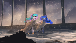 Size: 1920x1080 | Tagged: dead source, safe, artist:shamanguli, imported from derpibooru, princess celestia, princess luna, cloak, clothes, column, pointing, scenery, snow, snowfall, winter