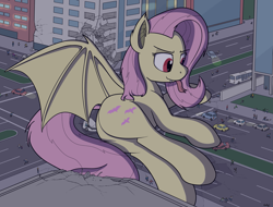 Size: 2305x1750 | Tagged: safe, artist:rapidstrike, imported from derpibooru, part of a set, fluttershy, bat pony, human, pony, series:giant flutterbat, bus, butt, car, city, destruction, flutterbat, flutterbutt, giant pony, grin, looking down, loss (meme), macro, night, part of a series, people, plot, red eyes, smiling, solo focus, titanic plot terror, tongue out, van, vehicle