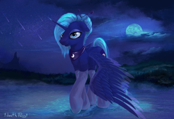 Size: 3500x2400 | Tagged: safe, artist:1deathpony1, imported from derpibooru, princess luna, alicorn, pony, alternate hairstyle, canterlot, chopsticks in hair, clothes, color porn, female, lake, moon, night, s1 luna, socks, solo, stars, walking on water