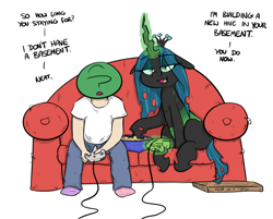 Size: 952x765 | Tagged: safe, artist:shoutingisfun, imported from derpibooru, queen chrysalis, oc, oc:anon, changeling, human, anon's couch, bowl, clothes, controller, couch, dialogue, eyeshadow, female, floppy ears, food, gamer chrysalis, magic, makeup, male, mismatched socks, nintendo 64, open mouth, pants, pizza, pizza box, popcorn, shirt, simple background, sitting, socks, telekinesis, video game, white background