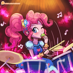 Size: 750x750 | Tagged: safe, artist:lumineko, imported from derpibooru, pinkie pie, equestria girls, legend of everfree, alternate hairstyle, blushing, clothes, crystal gala, crystal gala dress, cute, dessert, diapinkes, dress, drum kit, drums, drumsticks, eating, female, muffin, music notes, musical instrument, playing, solo, speedpaint, wink