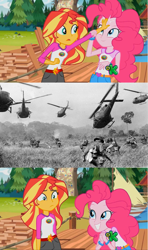 Size: 1368x2304 | Tagged: safe, edit, edited screencap, imported from derpibooru, screencap, pinkie pie, sunset shimmer, equestria girls, legend of everfree, discovery kids, obligatory pony, screencap comic, sunset sees things, vietnam war