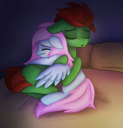 Size: 1571x1635 | Tagged: safe, artist:artoftheghostie, imported from derpibooru, oc, oc only, oc:night light, oc:nox, earth pony, pegasus, pony, bed, comforting, crying, duo, female, hug, male, mare, noxlight, pillow, stallion