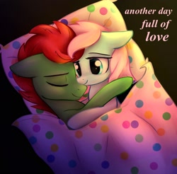 Size: 1548x1526 | Tagged: safe, artist:artoftheghostie, imported from derpibooru, oc, oc only, oc:night light, oc:nox, pony, bed, cuddling, cute, duo, male, noxlight, snuggling, straight