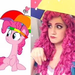 Size: 2048x2048 | Tagged: safe, artist:sarahndipity cosplay, artist:sarahndipitycosplay, imported from derpibooru, pinkie pie, human, equestria girls, feeling pinkie keen, clothes, comparison, cosplay, costume, hat, irl, irl human, photo, pinkie sense, umbrella hat