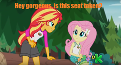 Size: 1187x643 | Tagged: safe, edit, edited screencap, imported from derpibooru, screencap, fluttershy, sunset shimmer, equestria girls, legend of everfree, caption, discovery kids, female, forced meme, image macro, lesbian, lidded eyes, meme, shipping, sunshyne, text