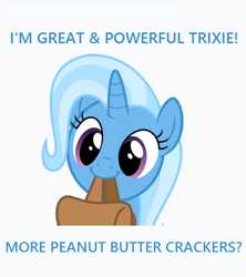 Size: 742x836 | Tagged: safe, imported from derpibooru, trixie, pony, unicorn, to where and back again, bag, crackers, cute, diatrixes, female, food, great and powerful, happy, mare, mouth hold, peanut butter, peanut butter crackers, solo, that pony sure does love peanut butter crackers, to saddlebags and back again