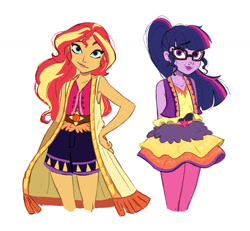 Size: 1280x1185 | Tagged: safe, artist:actionkiddy, imported from derpibooru, sci-twi, sunset shimmer, twilight sparkle, equestria girls, legend of everfree, alternate clothes, alternate costumes, camp fashion show outfit, cute, duo, shimmerbetes, simple background, twiabetes, white background