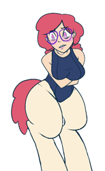 Size: 623x1014 | Tagged: safe, artist:/d/non, imported from derpibooru, oc, oc only, oc:candy, satyr, blushing, clothes, glasses, one-piece swimsuit, parent:twist, solo, swimsuit