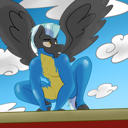 Size: 4000x4000 | Tagged: safe, artist:php37, imported from derpibooru, thunderlane, anthro, unguligrade anthro, catsuit, latex, male, sexy, solo, spread wings, squatting, wonderbolt trainee uniform, wonderbolts