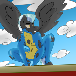 Size: 4000x4000 | Tagged: safe, artist:php37, imported from derpibooru, thunderlane, anthro, unguligrade anthro, catsuit, clothes, latex, male, solo, spread wings, torn clothes, wonderbolt trainee uniform, wonderbolts