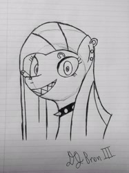 Size: 1936x2592 | Tagged: safe, artist:djbroniii, imported from derpibooru, pinkie pie, choker, female, lined paper, monochrome, piercing, pinkamena diane pie, safety pin, sharp teeth, solo, traditional art