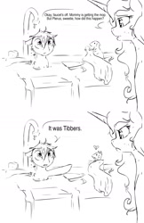 Size: 1280x1972 | Tagged: safe, artist:silfoe, imported from derpibooru, princess luna, tiberius, oc, oc:pterus, bat pony, pony, other royal book, adopted offspring, betrayal, black and white, blatant lies, dialogue, floppy ears, grayscale, kitchen sink, monochrome, parent:princess luna, parent:twilight sparkle, parents:twiluna, simple background, speech bubble, white background