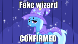 Size: 960x540 | Tagged: safe, edit, edited screencap, imported from derpibooru, screencap, trixie, pony, unicorn, boast busters, to where and back again, caption, drama, female, mare, solo, spoilers in the comments