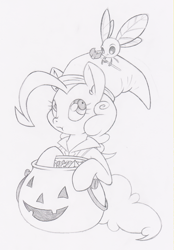 Size: 1292x1853 | Tagged: safe, artist:dfectivedvice, imported from derpibooru, pinkie pie, parasprite, candy, food, grayscale, monochrome, nightmare night, sketch, traditional art