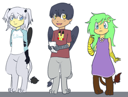 Size: 1518x1147 | Tagged: safe, artist:/d/non, imported from derpibooru, oc, oc only, oc:emma, oc:jade, oc:noelle, griffon, satyr, clothes, dress, game boy, parent:greta, parent:irma, parent:natalya, pigtails, pokémon, shirt