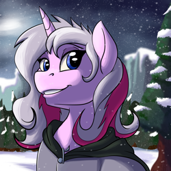 Size: 1800x1800 | Tagged: safe, artist:acesential, deleted from derpibooru, imported from derpibooru, oc, oc only, oc:honningbrew, alternate universe, cloak, clothes, snow, snowfall, solo