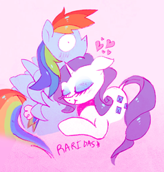 Size: 496x520 | Tagged: safe, artist:mushroomcookiebear, imported from derpibooru, rainbow dash, rarity, pegasus, pony, unicorn, backwards cutie mark, blushing, cuddling, duo, female, heart, lesbian, mare, raridash, shipping, snuggling