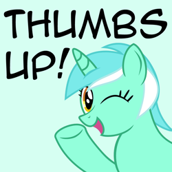 Size: 1000x1000 | Tagged: safe, imported from derpibooru, lyra heartstrings, pony, unicorn, caption, female, looking at you, mare, one eye closed, reaction image, simple background, solo, text, thumbs up, wink