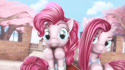 Size: 3840x2159 | Tagged: safe, artist:selestlight, artist:zefirayn, imported from derpibooru, pinkie pie, earth pony, pony, 3d, cherry blossoms, clothes, duality, eye reflection, female, looking at you, mare, pinkamena diane pie, sailor uniform, school uniform, schoolgirl, self ponidox, source filmmaker, yandere simulator