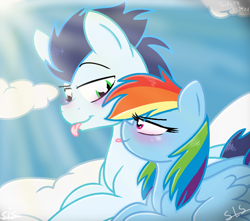 Size: 1060x936 | Tagged: safe, artist:sirena-chan98, imported from derpibooru, rainbow dash, soarin', pony, :p, cloud, crepuscular rays, cuddling, lidded eyes, male, prone, raised eyebrow, shipping, smiling, snuggling, soarindash, straight, tongue out