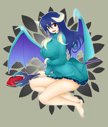 Size: 2300x2700 | Tagged: safe, artist:magico-enma, imported from derpibooru, princess ember, human, barefoot, bloodstone scepter, breasts, busty princess ember, clothes, dragon lord ember, feet, female, horned humanization, humanized, looking at you, open mouth, pleated skirt, skirt, solo, sweater, sweater puppies, winged humanization