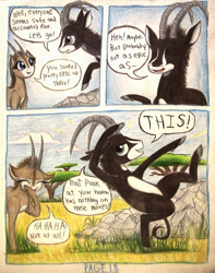 Size: 1064x1352 | Tagged: safe, artist:thefriendlyelephant, imported from derpibooru, oc, oc only, oc:sabe, oc:uganda, antelope, giant sable antelope, comic:sable story, acacia tree, africa, animal in mlp form, cloven hooves, comic, dork, funny, grass, horn, pose, rock, savanna, speech bubble, traditional art, tree