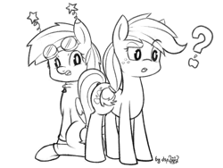 Size: 1600x1200 | Tagged: safe, artist:dsp2003, imported from derpibooru, part of a set, applejack, rainbow dash, earth pony, pegasus, pony, fanfic:why am i pinkie pie, black and white, female, grayscale, hatless, missing accessory, monochrome