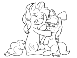 Size: 1600x1200 | Tagged: safe, artist:dsp2003, imported from derpibooru, part of a set, pinkie pie, oc, oc:cinnamon swirl, earth pony, pony, fanfic:why am i pinkie pie, black and white, cute, female, filly, frown, grayscale, monochrome, open mouth