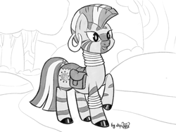 Size: 1600x1200 | Tagged: safe, artist:dsp2003, imported from derpibooru, part of a set, zecora, zebra, fanfic:why am i pinkie pie, black and white, cute, ear piercing, earring, female, grayscale, jewelry, monochrome, open mouth, piercing, saddle bag, solo, zecorable