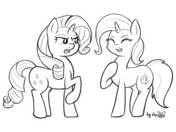 Size: 1600x1200 | Tagged: safe, artist:dsp2003, imported from derpibooru, part of a set, rarity, trixie, earth pony, pony, fanfic:why am i pinkie pie, black and white, cute, eyes closed, female, frown, grayscale, monochrome, open mouth