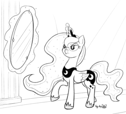 Size: 1920x1728 | Tagged: safe, artist:dsp2003, imported from derpibooru, part of a set, princess luna, alicorn, pony, fanfic:why am i pinkie pie, black and white, female, grayscale, magic, mirror, monochrome, solo, throne room